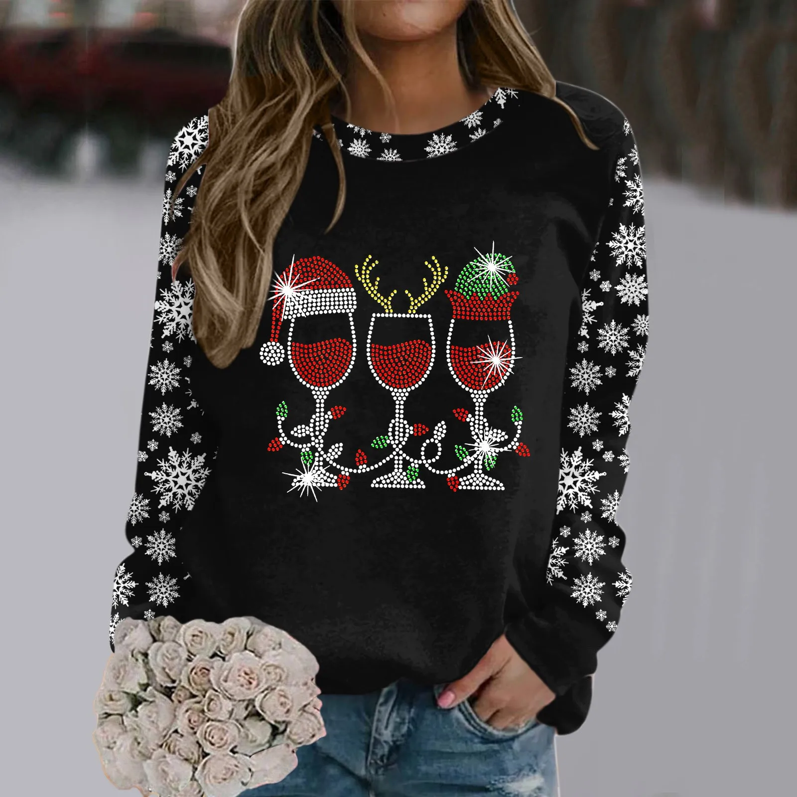 Women's Casual Long Sleeve Pullover Snowflake Christmas Hat Wine Glass Tops Crewneck Sweatshirts Cute Loose Fit Pullover