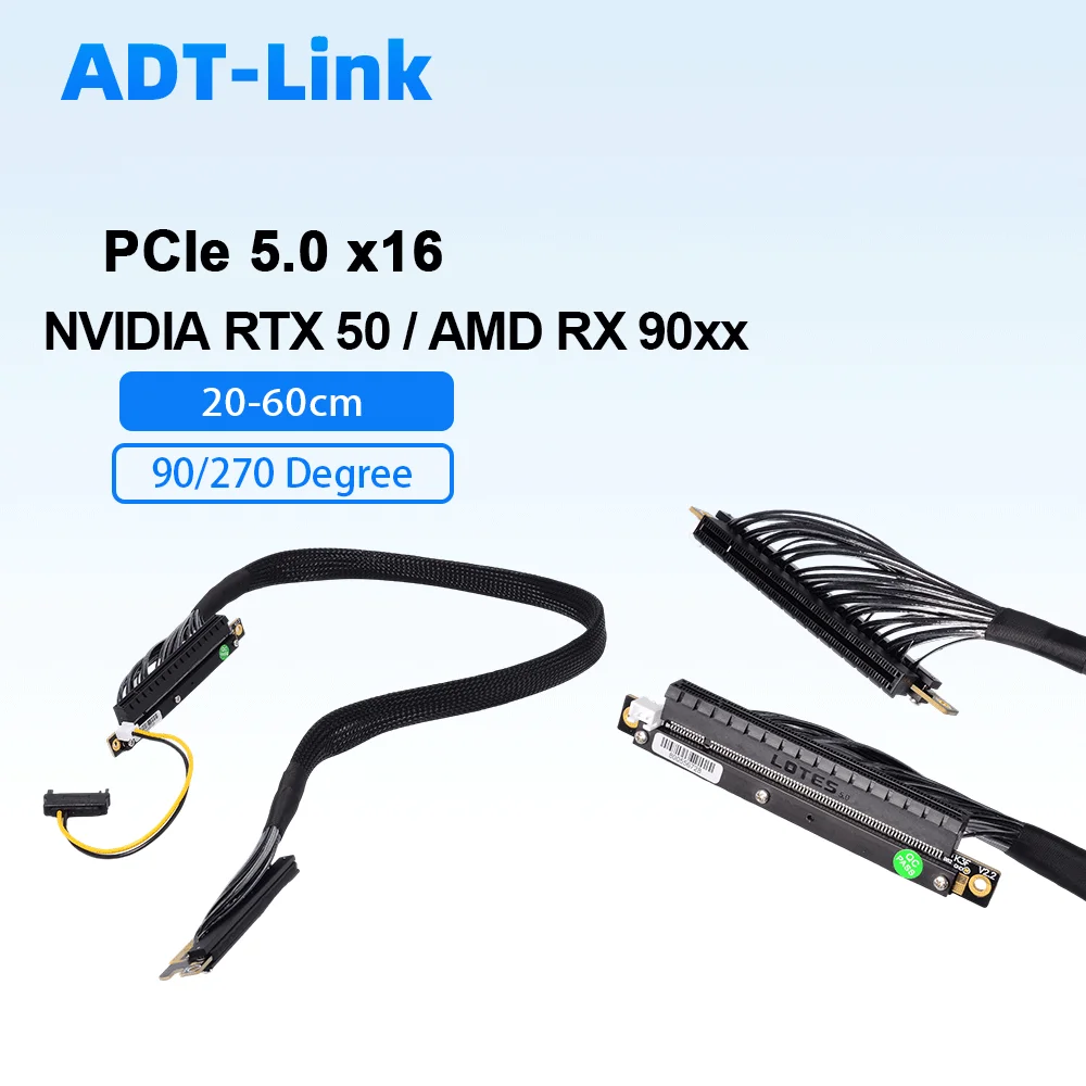 

PCIe 5.0 X16 GPU Riser 90/270 Degree Left/Right Angle Extension Cable 512Gbps 20-60cm for NVIDIA RTX 50 Series AMD RX 90xx