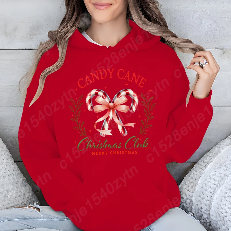 Candy Cane Kerstclub Vrolijk Kerstfeest Print Hoodies Dames Winter Herfst Losse Truien Casual Sweatshirt Met Capuchon Tops