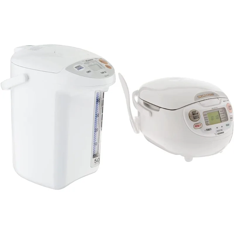 หม้อต้มน้ําและเครื่องอุ่น Zojirushi Micom, 169 ออนซ์/5.0 ลิตร, สีขาว & NS-ZCC10 หม้อหุงข้าว Neuro Fuzzy, 5.5 คัพ, สีขาว