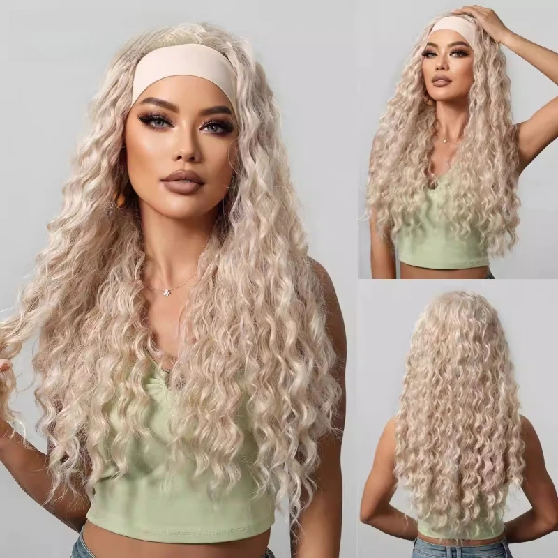 

Европейская и американская парика в стиле модной модной модной женской парики с серой повязкой на голову, в латиноамериканском стиле, с длинными кудрявыми волосами, модными пышными белыми волосами.