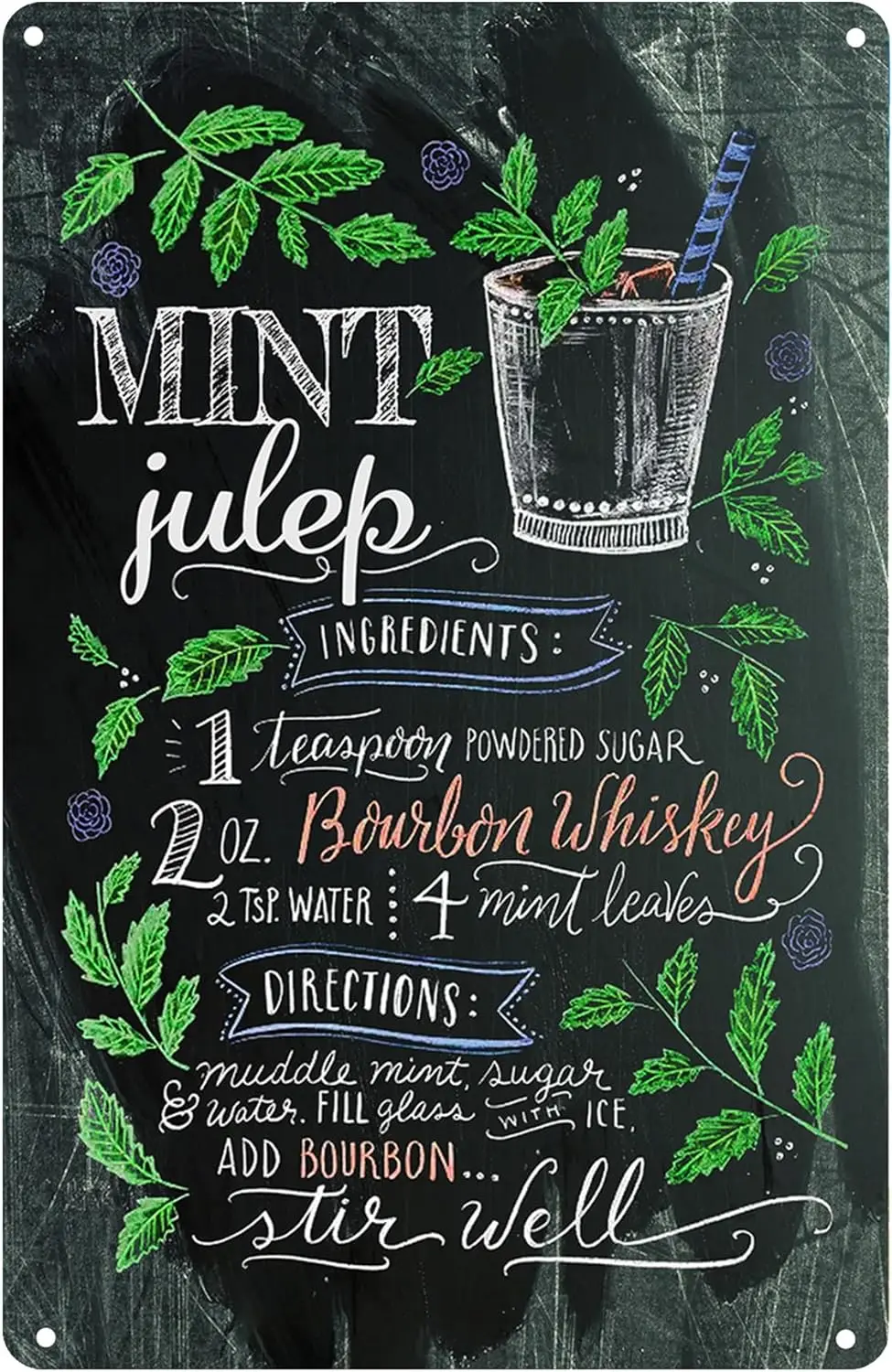 Vintage Mint Julep Cocktail Recipe Metal Sign Wall Art Decoration, Bar Party Decorations, Fun and Unique Artwork 8x12 inches