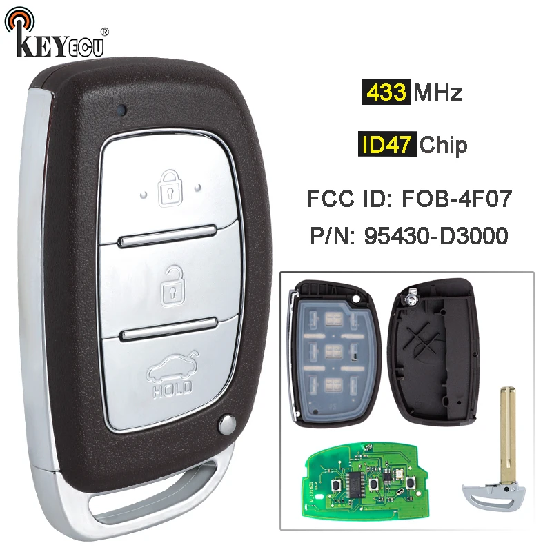 

KEYECU 433 МГц ID47 чип P/N: 95440-D3000 идентификация FCC: Строгий умный безключевой дистанционный Автомобильный ключ для Hyundai Tucson 2016 2017 2018