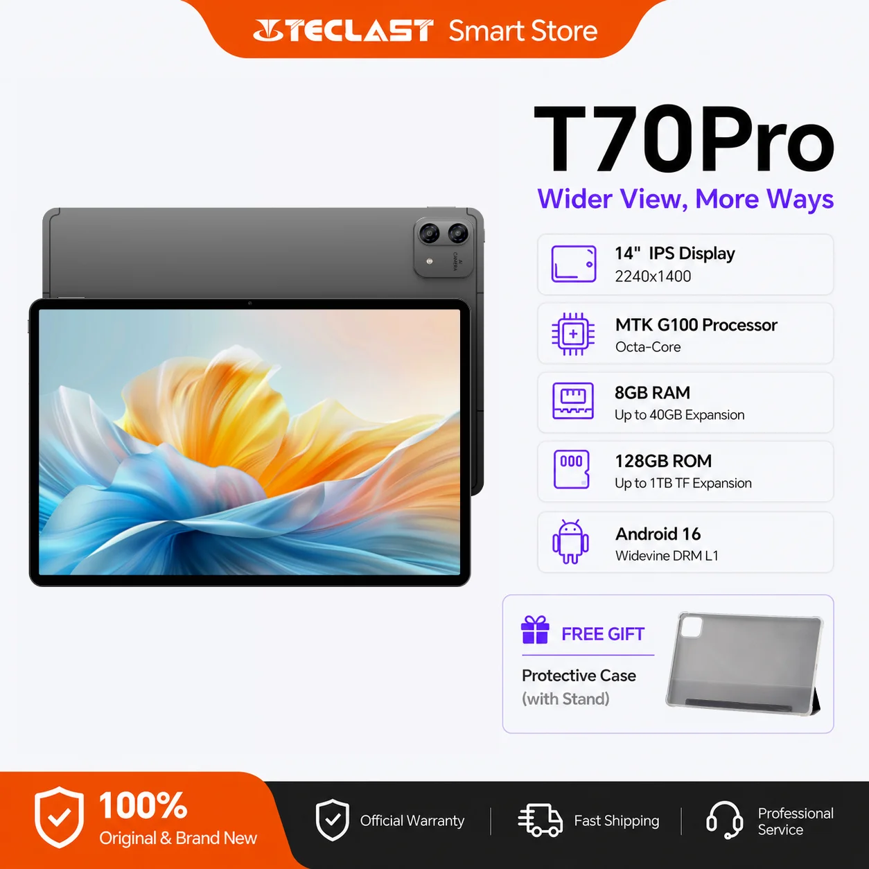 TECLAST T70 Pro 14인치 2.2K 안드로이드 16 Gemini AI 태블릿, Helio G100 프로세서, 48GB(8GB+40GB 확장 가능) + 128GB 저장 공간, 듀얼 4G, 10000mAh 배터리, 18W PD 고속 충전, 블루투스 5.2, GPS.