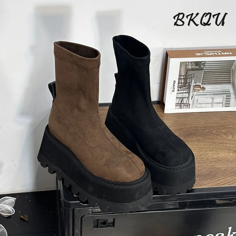 BKQU Thick Bottom Increase Small Man European Station 2024 Autumn/winter New Female Sponge Elastic Thin Ankle Boots