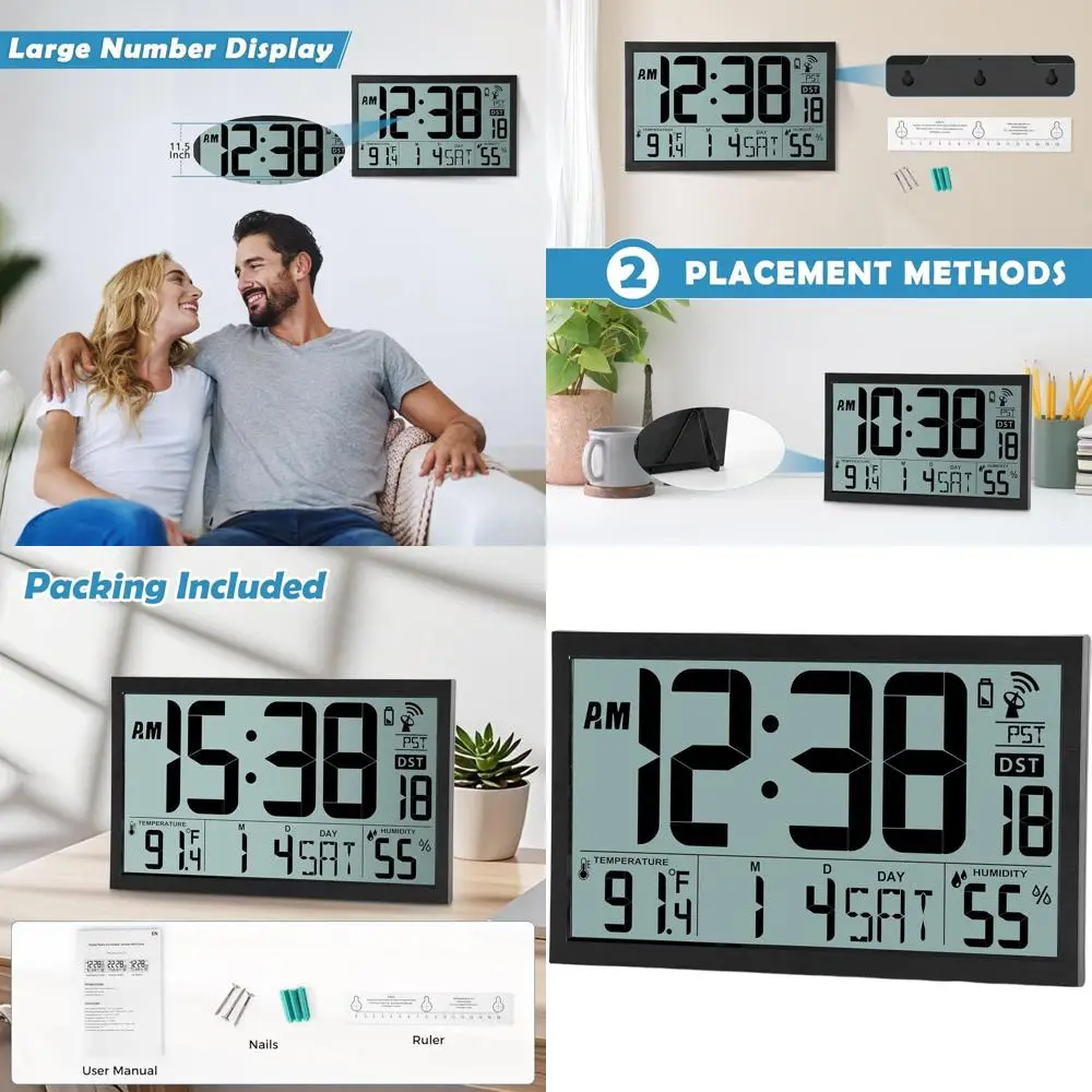 

16.7 Large Display Atomic Clock, Battery-Powered, Auto-Setting Digital Calendar with Temperature, Humidity, Date, Day, and Auto