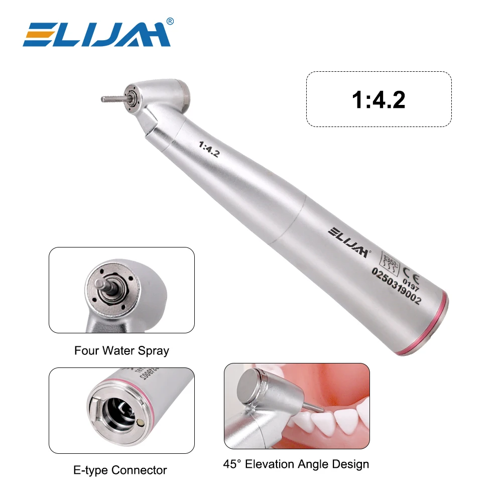 ELIJAH Optic Fiber Push Button 1:5/1:1 Dental-Winkelstück mit Glasfaser, Drehzahlerhöhendes Handstück, Roter Ring, Quattro Spray