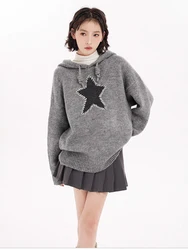 Women's Sweaters Solid Color Casual Hooded Knitted Sweater Coat Lazy Style Long Sleeve Jumpers Female Tops Autumn Winter New