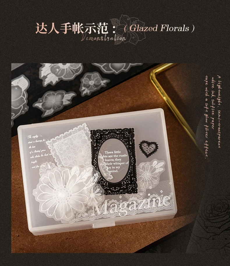 Journal GO 5cmx2m Weißes Blumen-Klebeband mit Tintenmuster, Pergamentpapierband für Journaling, Scrapbooking, Planer, Basteln, Papierwaren – Detail 13