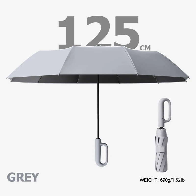 Großer, winddichter, starker Regenschirm mit reflektierendem Streifen, umgekehrter, automatisch faltbarer UV-Regenschirm für Regen, Sonne, Karabiner, Griff, Luxus