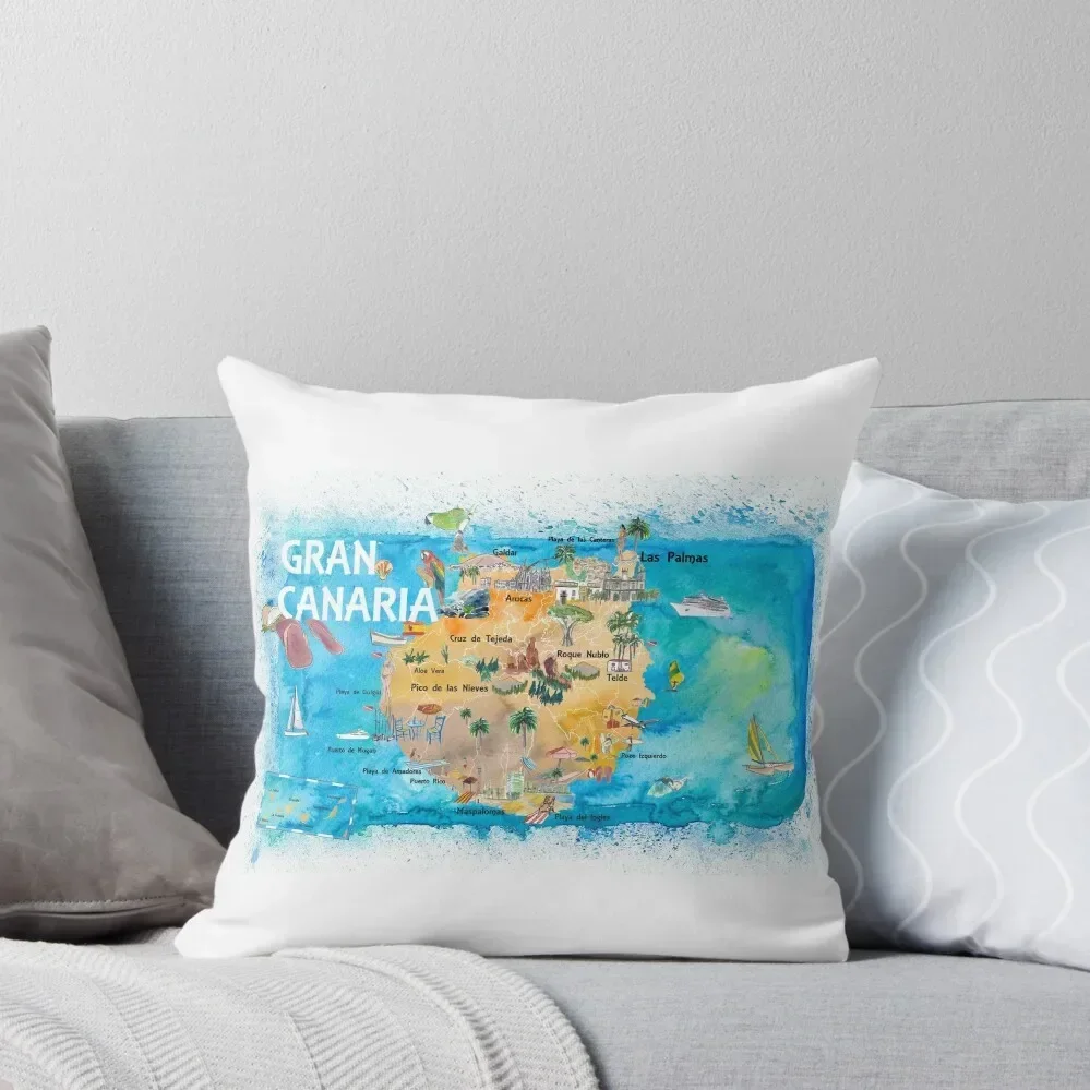 Gran Canary Canarias Spain Illustrated Map with Landmarks and Highlights Throw Pillow Cushion Child pillow