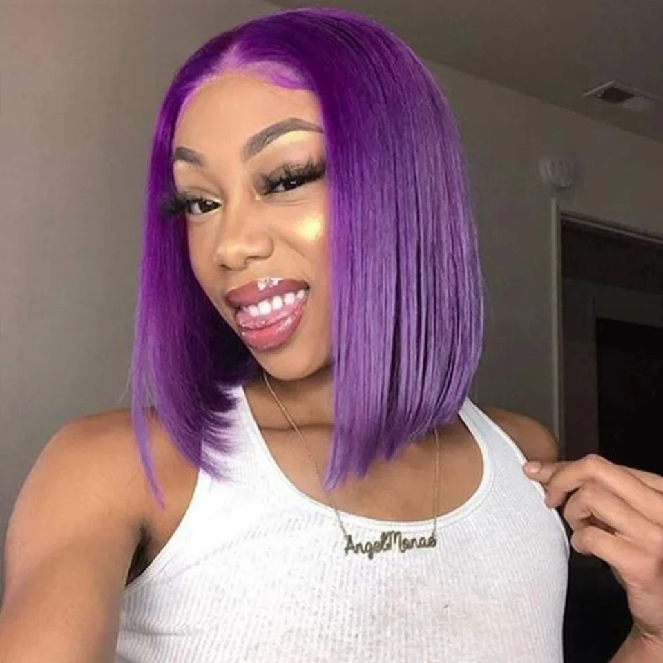 Cosplay Purple Hair 13x5x1 Transparent Lace Front Human Hair Wigs 180 Density Short Straight Lace Bob Wigs 100%  Human Hair