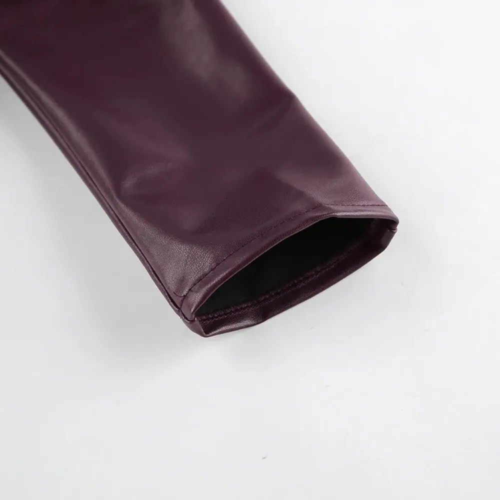 Vintage Leather Jacket Garment Stand Collar Tie Waist Frame Women Fashion Top Cool Street Style Mid Length Cut