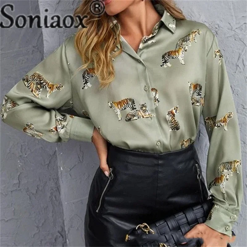 Eleganter Stil Tiger Print Shirt Damen Revers Langarm Einreiher Cardigan Tops Damen Pendler lose Bluse groß