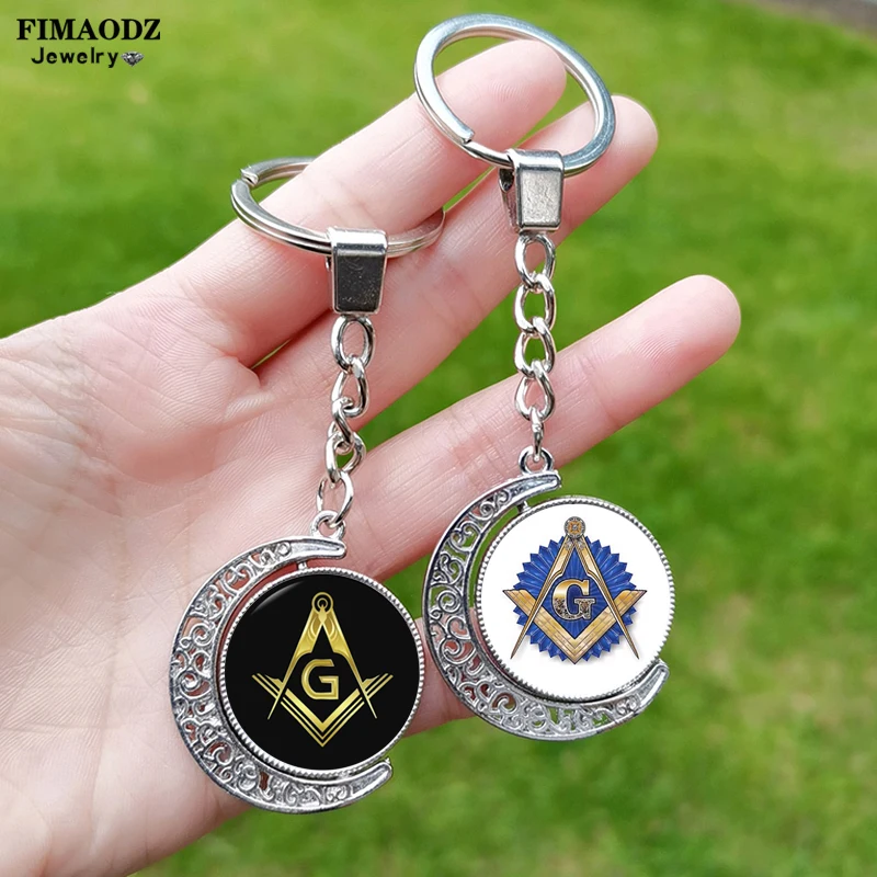 New Double Sided Masonic Keychain Glass Cabochon Pendant Free Mason Sign Rotate Key Chain For Men Lady Keyring