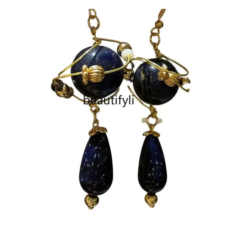 zq Handmade Design Earrings New Chinese Natural Gem Retro Stud Earrings Artistic Earrings