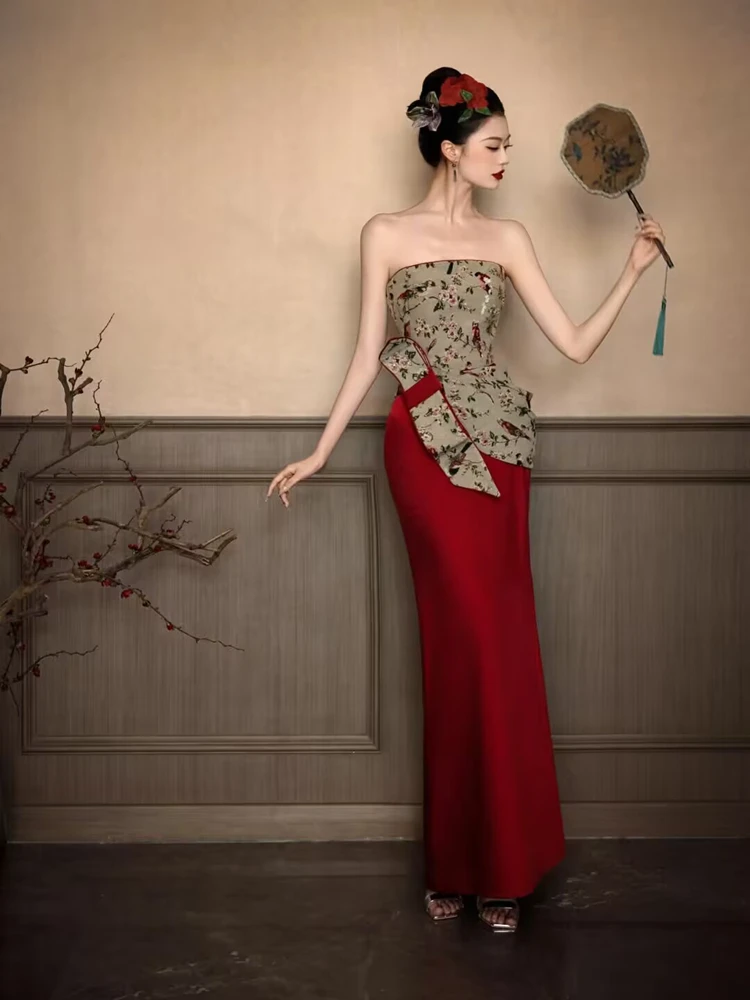 

New Chinese Style Renovated Version Long Dress Women's Retro Feel Wedding Dress for Door Return Banquet And Drinking Ceremony