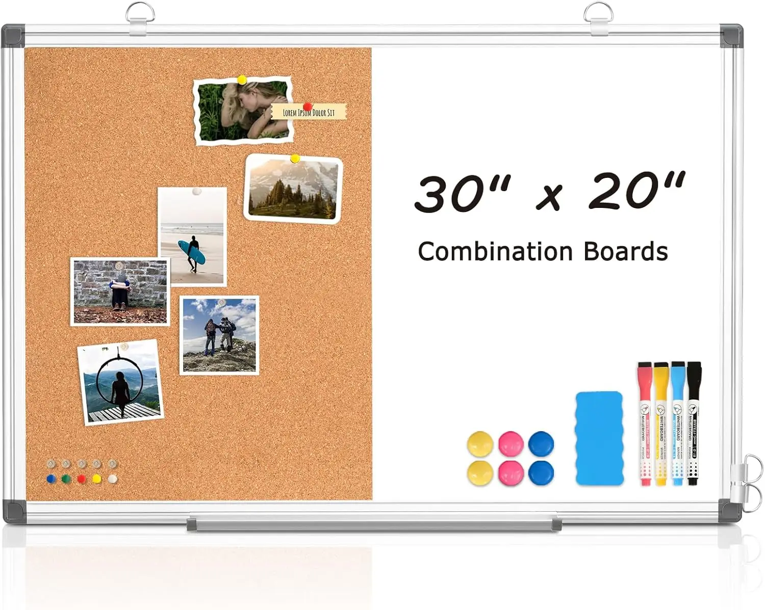 

20x30 Magnetic Whiteboard & Corkboard Combo with Tray, Markers, Pins - Perfect for Office, School, Home Use
