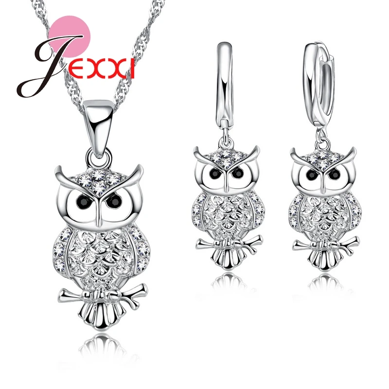 

Lovely Fashion Full African AAA Crystal Owl Shaped Pendant Necklace Earrings Sets Women Best Gifts 925 Sterling Silver Jewelry