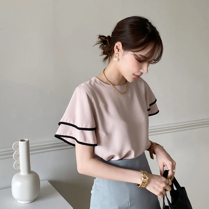 한국 스타일 신제품 3가지 색상 여름 이중 레이어 러플 소매 라운드 넥 쉬폰 블라우스 여성 우아한 루즈 탑 고품질