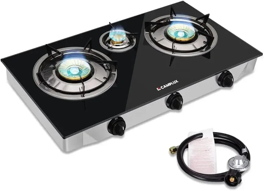 Propane Gas Stove with 21,600BTU, 3 Burners Propane Stove, Tempered Glass Camping Cooking Stove