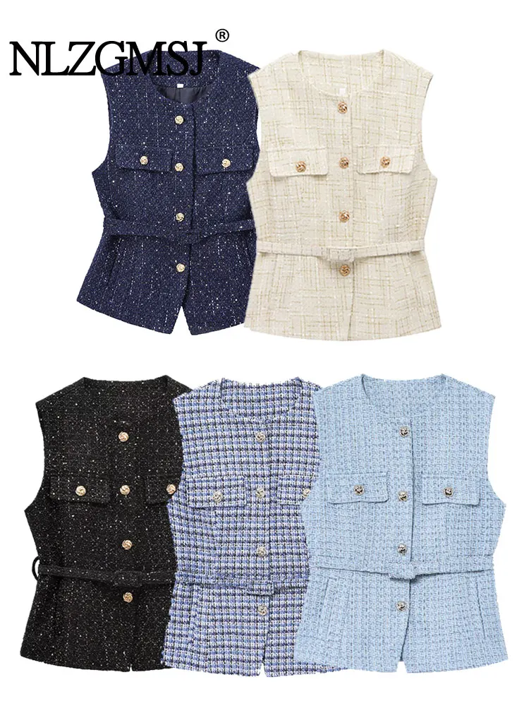 NLZGMSJ 2025 Spring Women's Vest Top Fashion With Belt Slim Fit Sleeveless Jacket Top For Women Texture Vest Top New