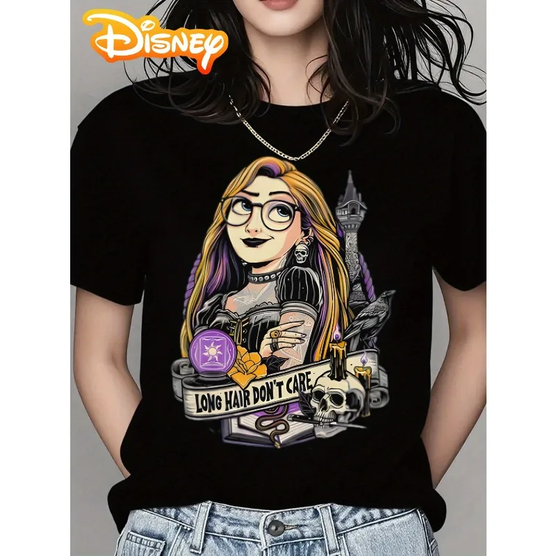 

Disney Women's Gothic Witch Pattern T-shirt "Long Hair Doesn't Matter" Skull and Potion Round Neck Short Sleeve Casual Top