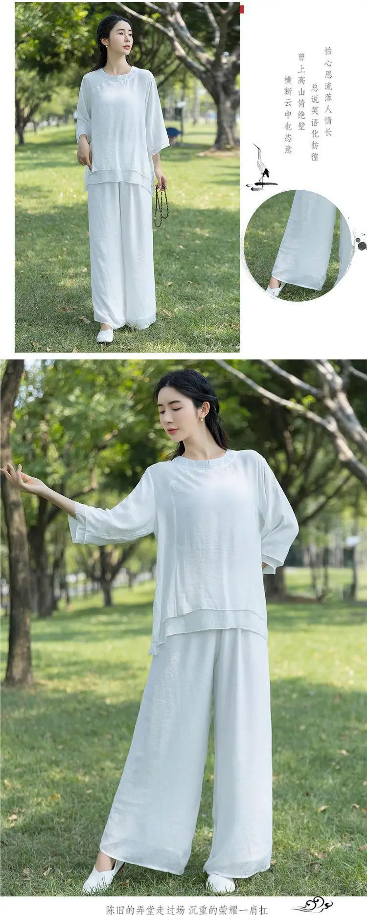 Chinesisches Baumwoll-Leinen-Zen-Teeset für Damen, lockerer Yoga-Meditations-Tai-Chi-Anzug mit Rundhalsausschnitt, Retro-traditionelle chinesische Kleidung – Detail 10