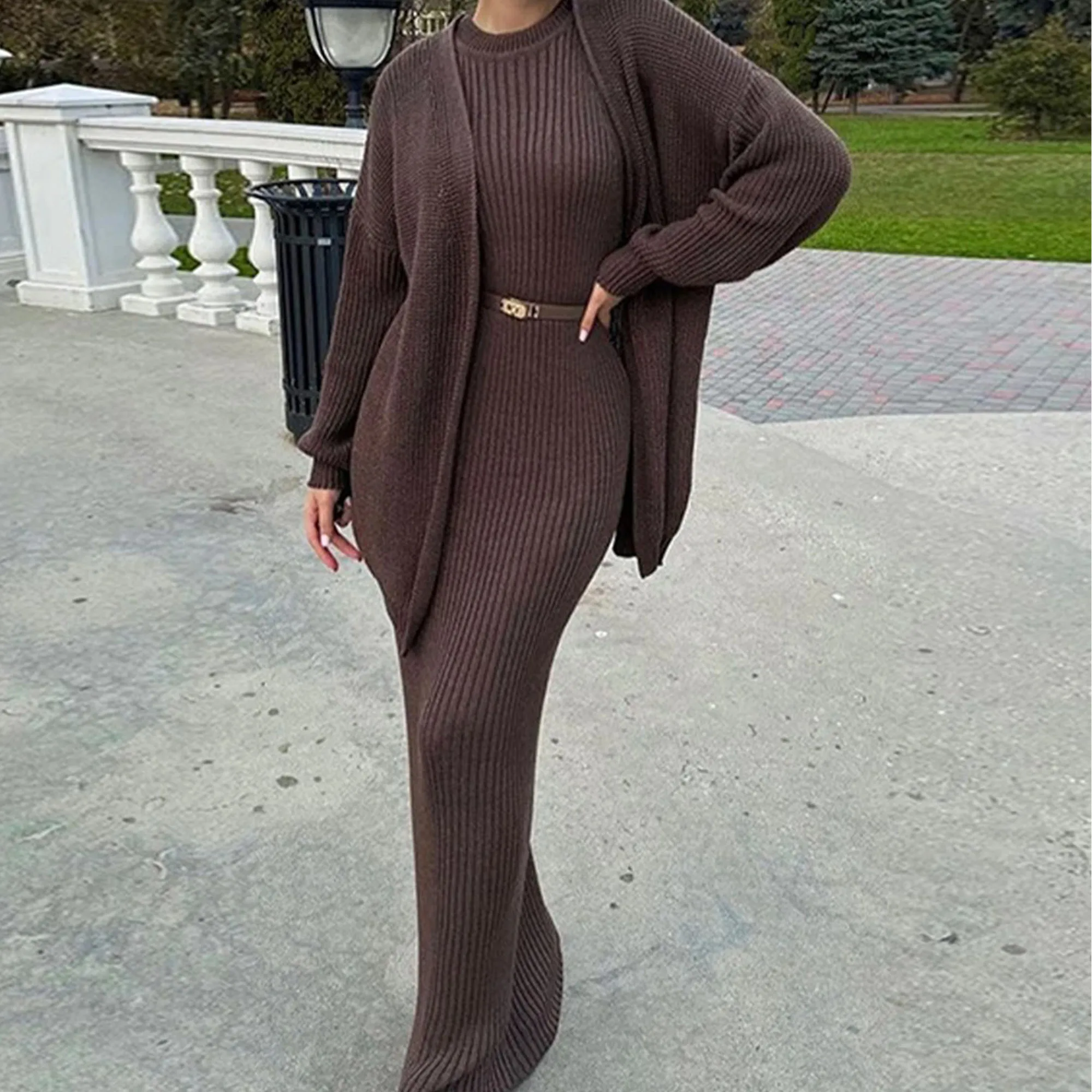 Women\'s Knitted Sweater Long Skirt Set Casual Long Sleeved Cardigan and Skinny Fashion Autumn Winter Lazy Style Long Dress Set