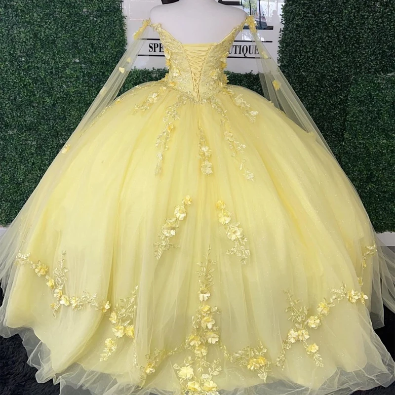 Real Photos Yellow Ball Gowns Sweetheart Quinceanera Dresses With Cape Off The Shoulder Lace Appliques Vestido De 15 16 Anos