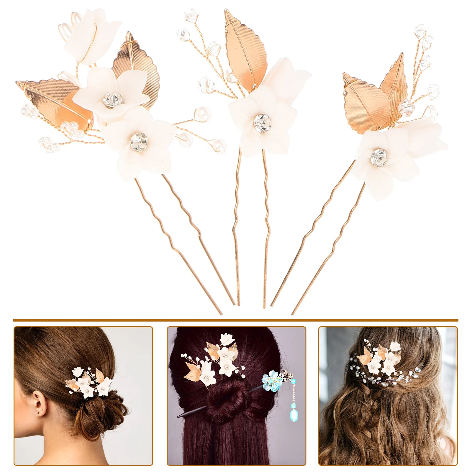

3 pcs Wedding Bridal Flower U-Shaped Hairpin Hair Pin For Women Elegant Bridal Accessories Floral Hairpin For Prom