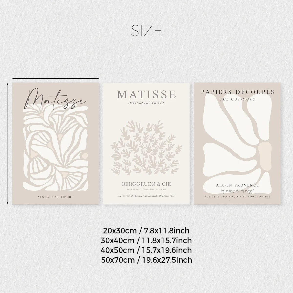 Set of 3 Bohemian Neutral Beige Matisse Canvas Wall Art Prints, Gray Beige Sage Matisse Prints, Minimalist Matisse Posters, Floral Wall Art, Art