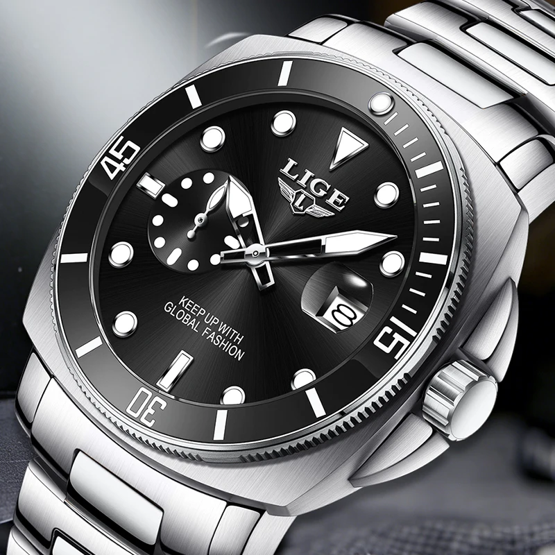 

Мужские наручные часы LIGE: люксовые, модные, деловые, простые, с браслетом из нержавеющей стали, автоматической датой, водонепроницаемые, светящиеся, кварцевые
