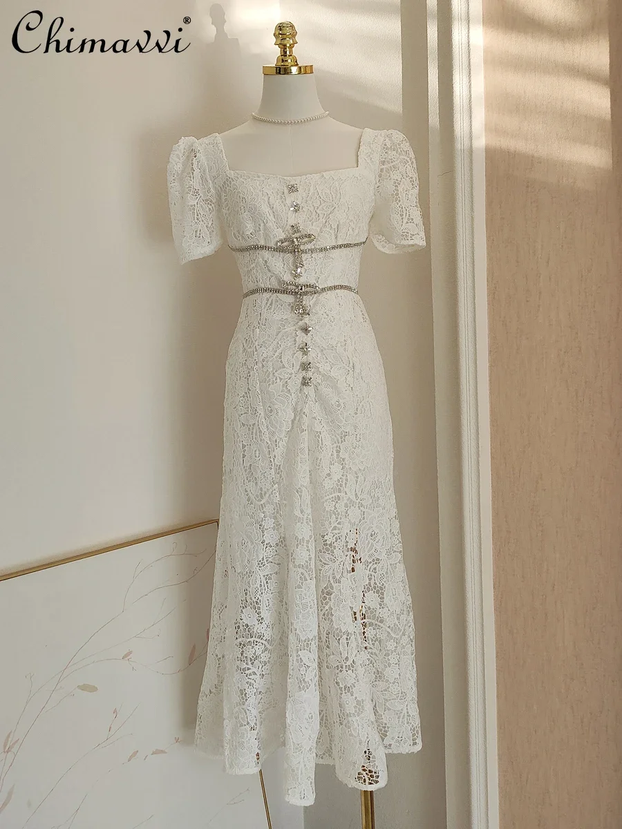 

French Elegant Socialite Diamond Bow Hollow Embroidery Square Neck Puff Sleeve High Waist Slim A-line Evening Long Dress Women