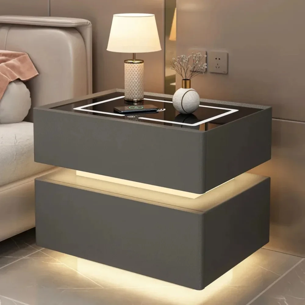 Intelligent Bedside Table With Light Bedroom Full Solid Wood Password Lock Bedside Storage Cabinet Led Light Wireless Charging