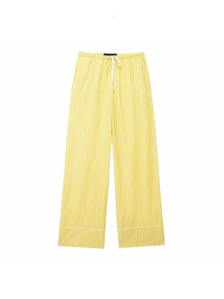 HH 2024 Stylish Summer Women\'s Yellow Striped Straight Long Pants Versatile High Waist Drawstring Cozy Loose Casual Trousers