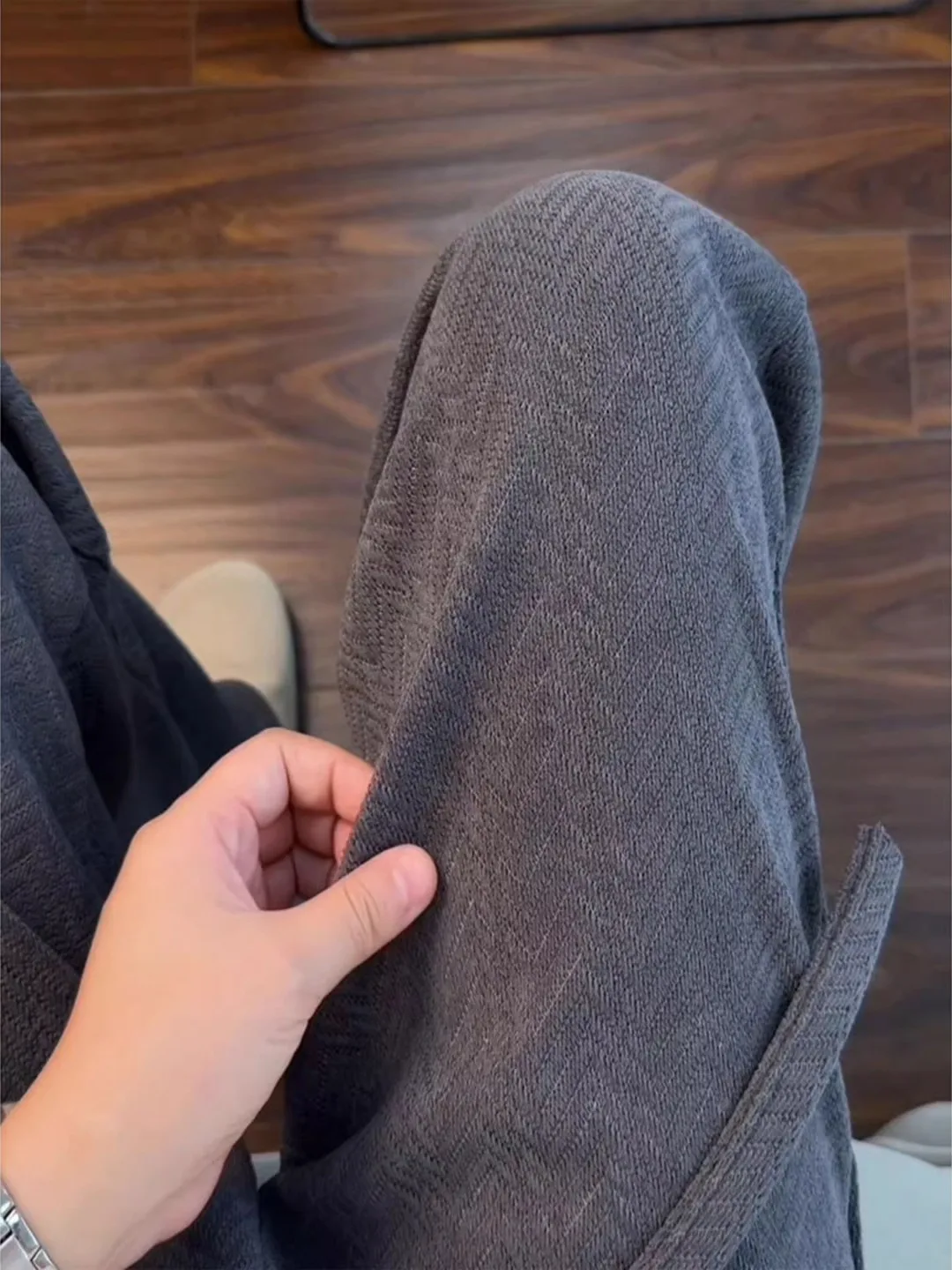 

ay Knitted Fce Lined Loose Men's Spor Casual Pants Autumn Winter Straight Leg Trousers mid High Waist Rope Door Bule