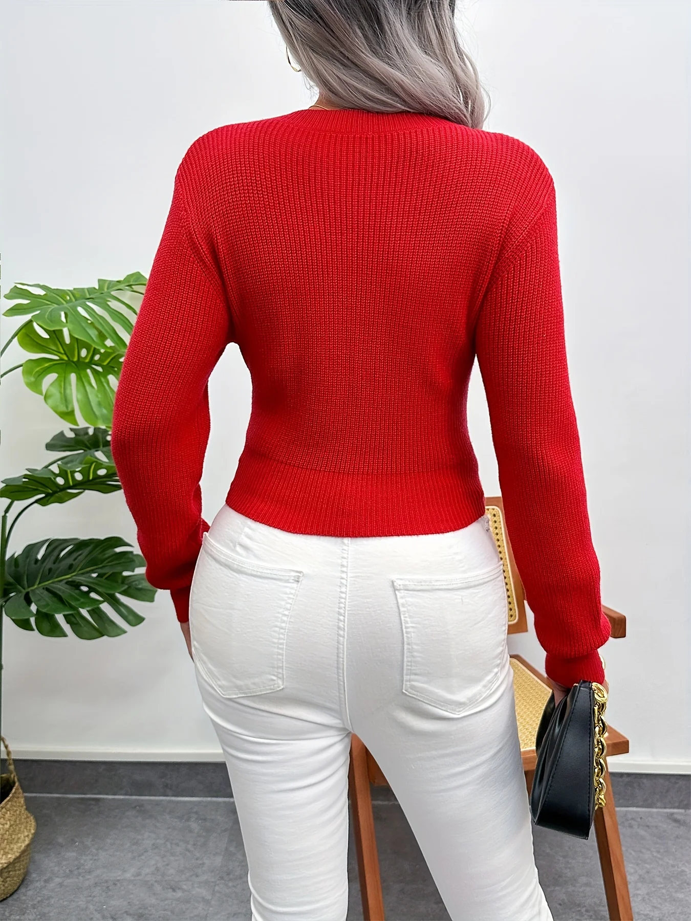 Autumn And Winter Women\'s High-Grade Super Beautiful Solid Color With Red Slim-Fit Long-Sleeved Sweater Base Shirt Top