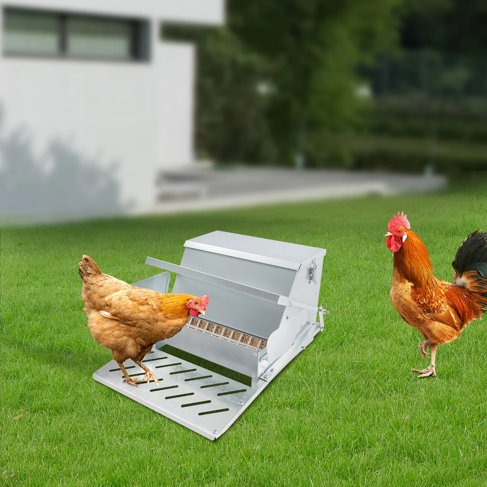 

Chicken Feeder(Floor Standing)—English Manual+Gloves(Quick Install), Side Panels(Guide Poultry), Pedal(Anti-Water Submersion)