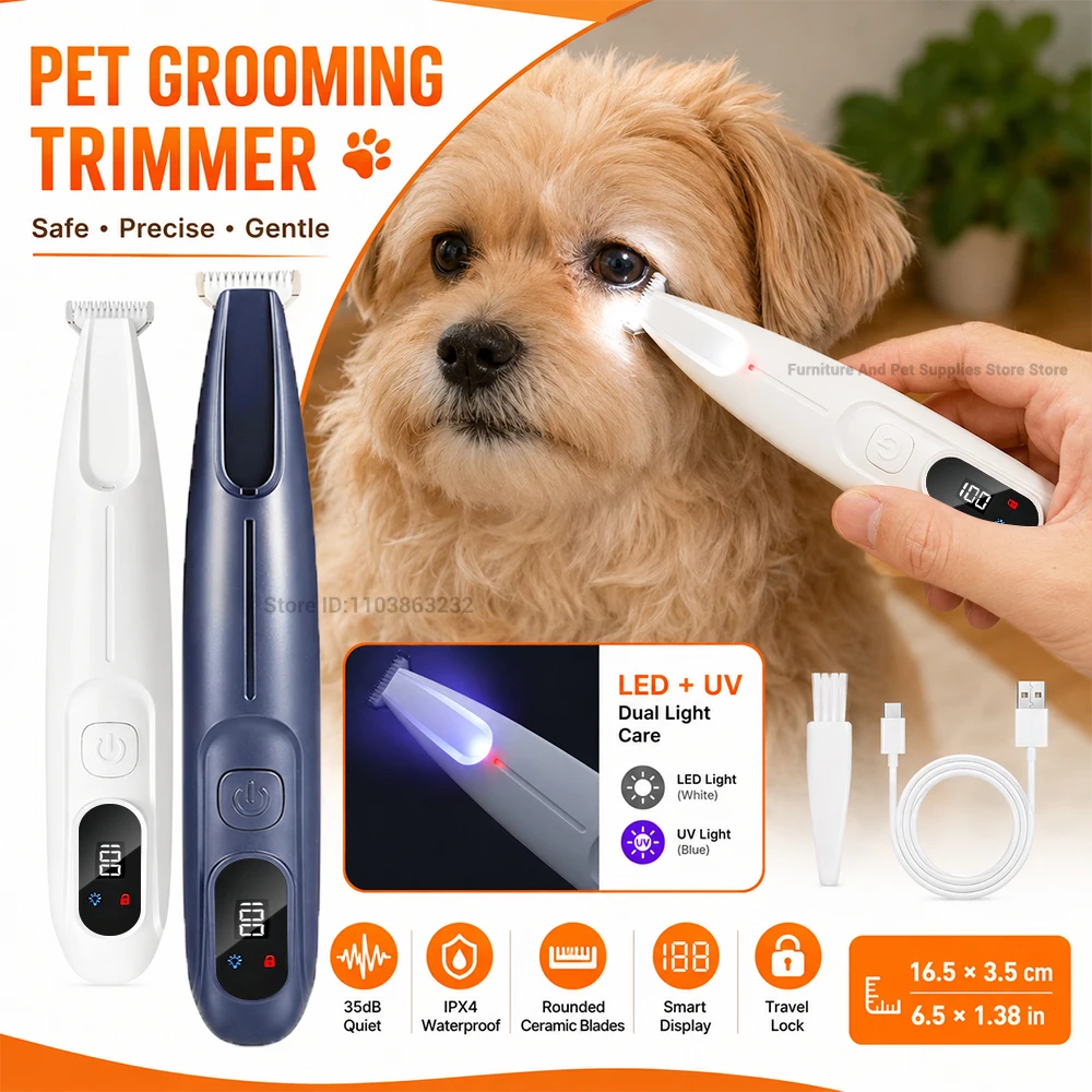 Aparador Elétrico de Pelos para Cães e Gatos, Impermeável, com Luz LED/UV, Baixo Ruído, para Pés, Rosto, Orelhas, Quadril e Garras