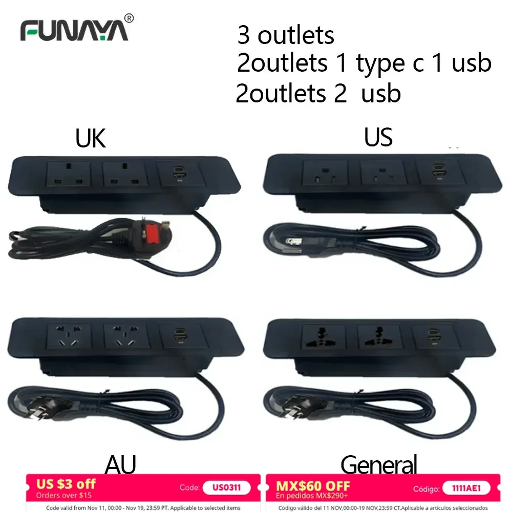 

Table Hidden Sockets EU/UK/US/AU 3 Outlets 2 USB Embedded Power Bedside Table Row Office Desktop 10A 110V 220V Black Socket