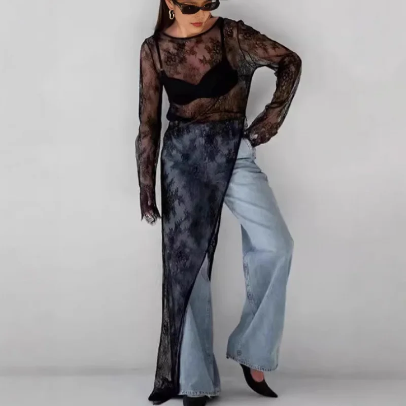 TOY-Nuovo abito diviso in pizzo trasparente con senso del design, copricostume a maniche lunghe con scollo tondo per i pendolari estivi e autunnali