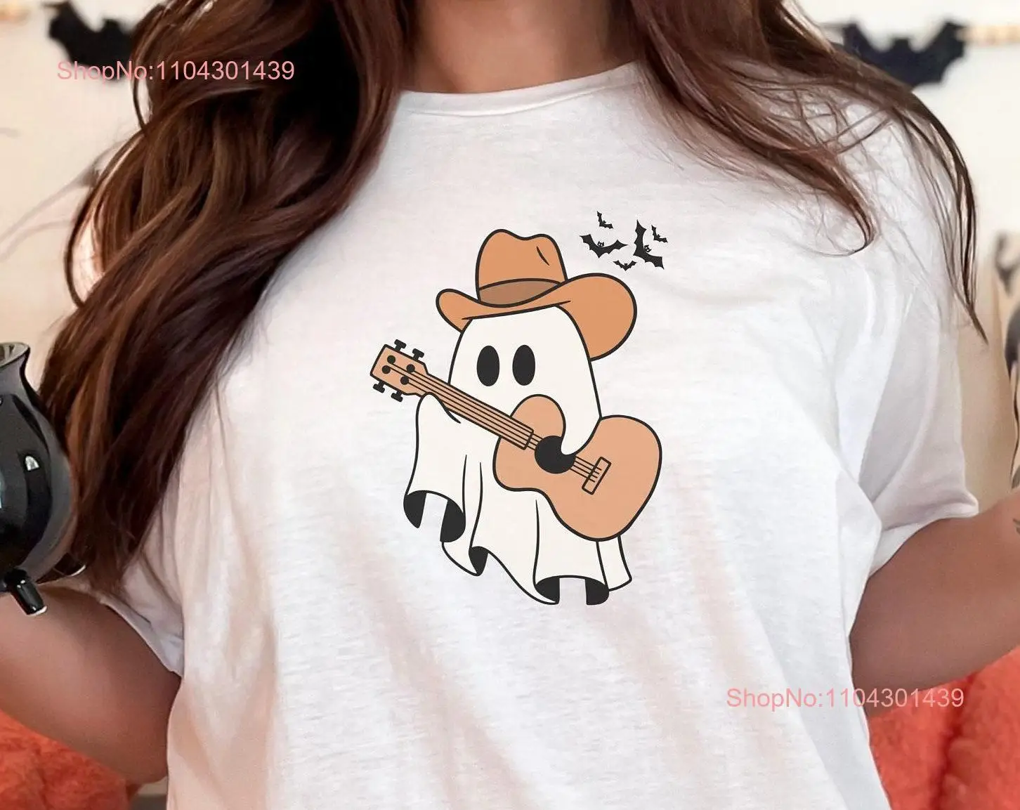 Halloween Country Ghost Playing Guitar T Shirt Cute Cowboy Western for Players long or short sleeves