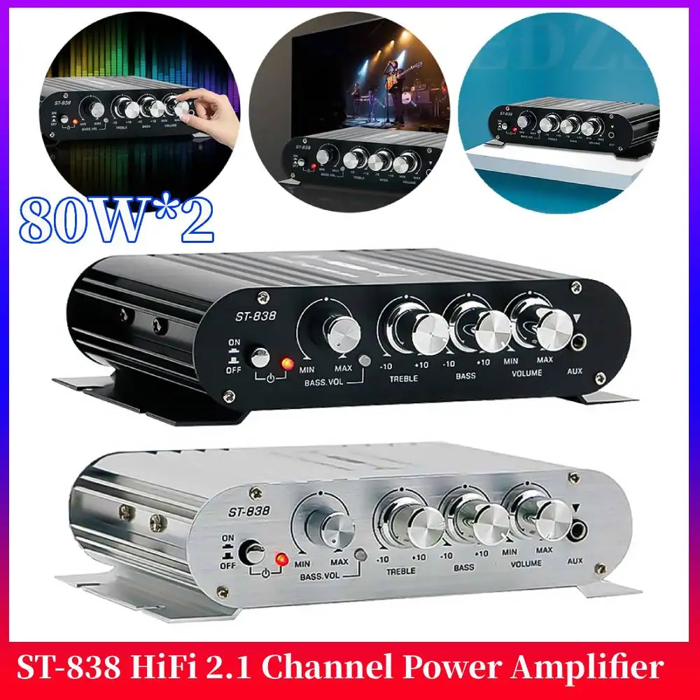 

ST-838 HiFi 2.1-канальный стереоусилитель звука с регулировкой басов и высоких частот, 80 Вт*2, черный, для автомобиля и дома, мини-медиаплеер