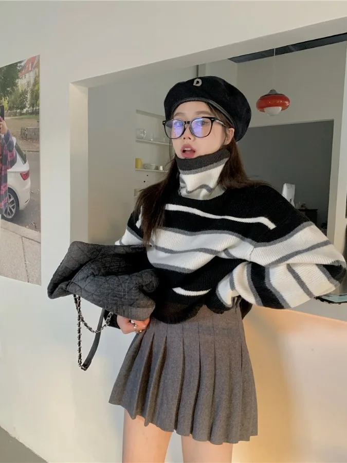 Retro Gestreepte Hoge Kraag Luie Sle Warme Trui Dames Herfst 2025, Nieuwe Casual Losse Ort Gebreide Top Comfortabele Pasvorm