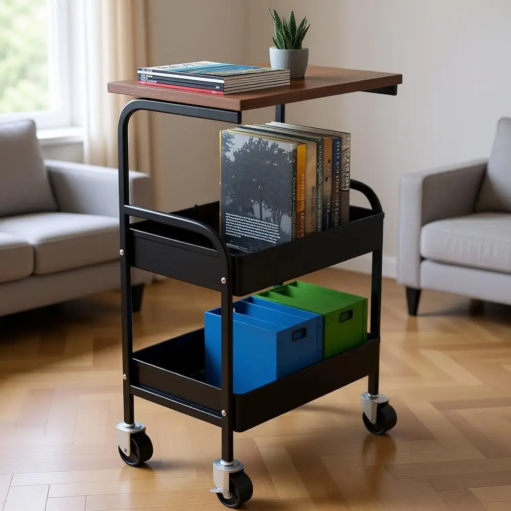 

Трехъярусная тележка на колесиках с деревянной столешницей, с замками на колесах, для кухни, офиса, спальни - черная