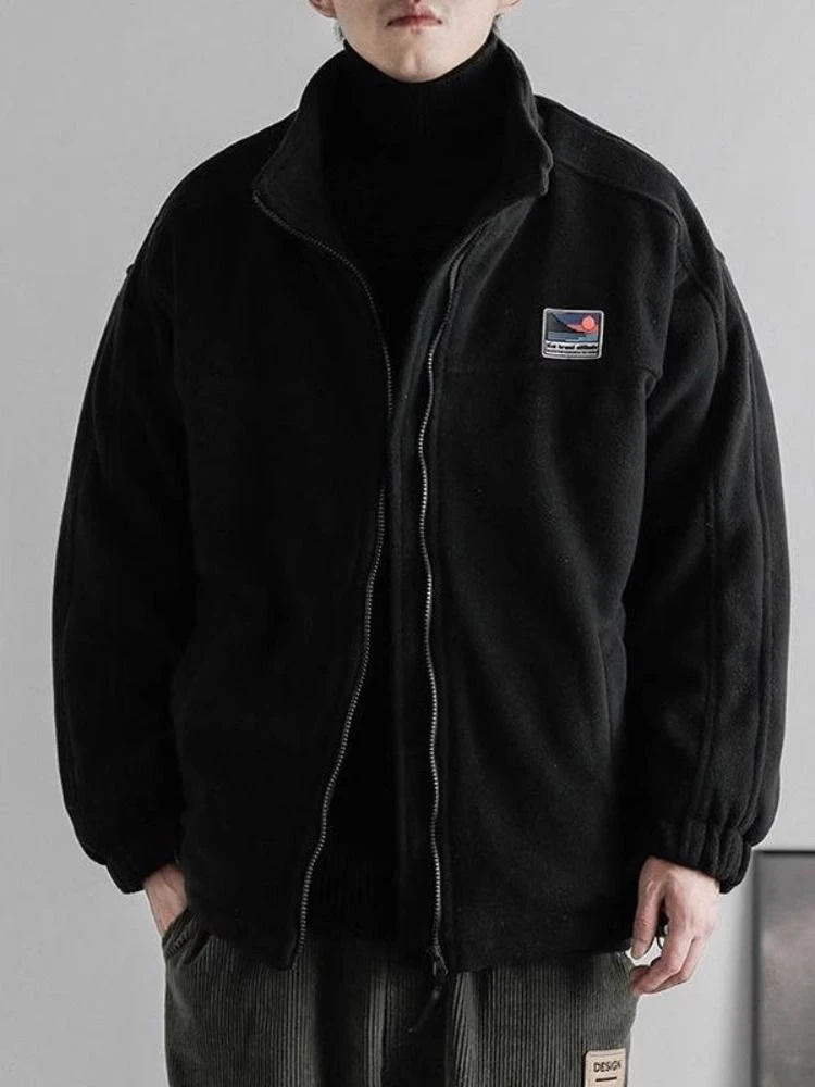 Men's Thickened Black Polar Fleece Autumn Winter Stand Collar Work Wear Casual Cotton Jacket Cardigan