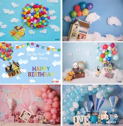 Photography Background Adventure Up Up and Away Balloon Blue Sky White Cloud Birthday Party Decor Backdrop Photo Studio