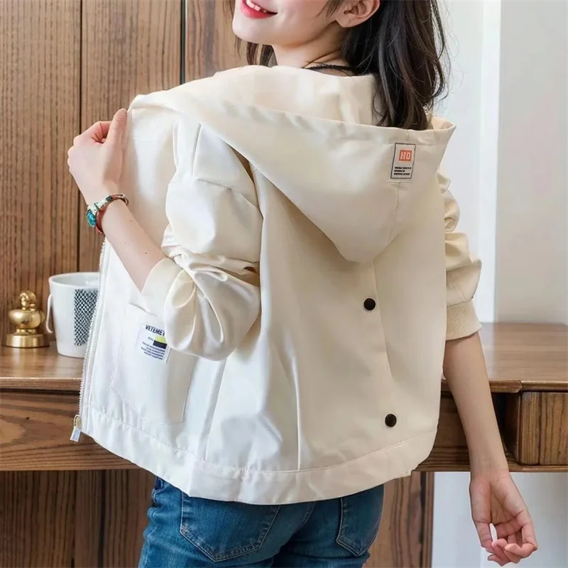 

Spring Autumn Female Long Sleeves Short Jacket Ladies Solid Color Thin Style Leisure Outwear Women Hooded Zipper Coat