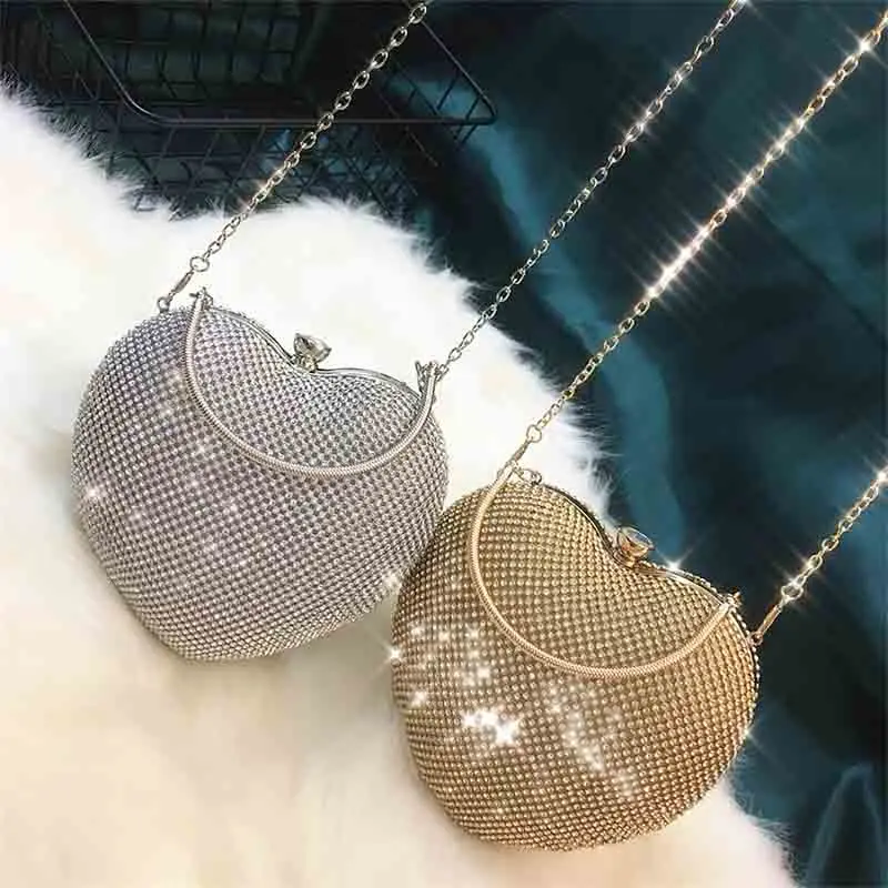 Mini Cute Heart Shape Women Evening Clutch Purses Rhinestone Bling Crossbody Shoulder Party Handbag Female Soft PU Leather Bag